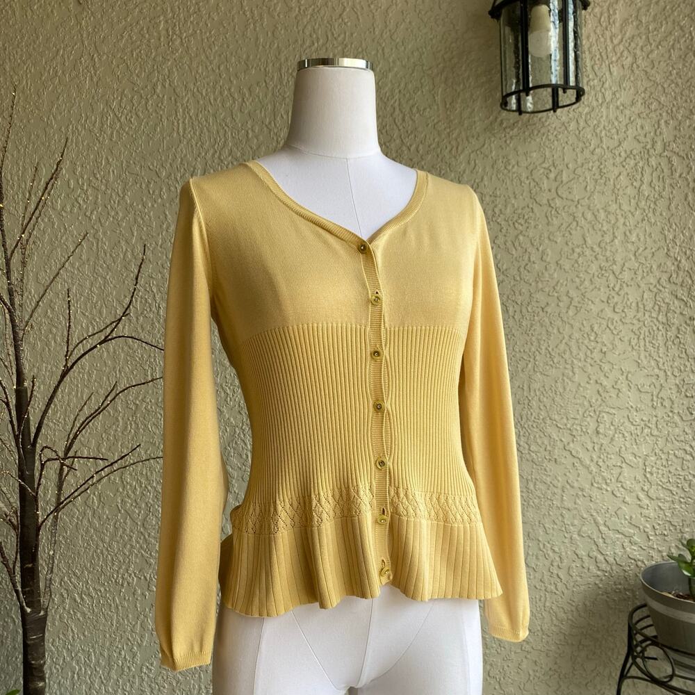 Petite Sophisticate Knit Button Front Cardigan Pointelle Rib Dainty Yellow Small